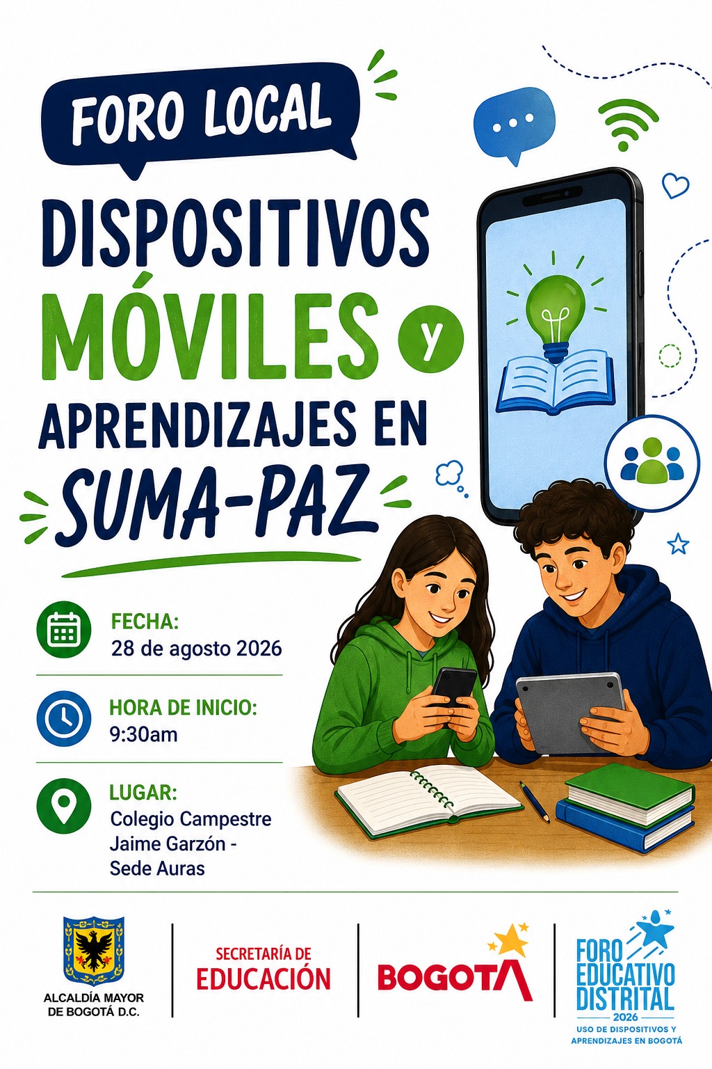 Afiche digital e ilustrado del "Foro Local: Dispositivos Móviles y Aprendizajes en Suma-Paz"