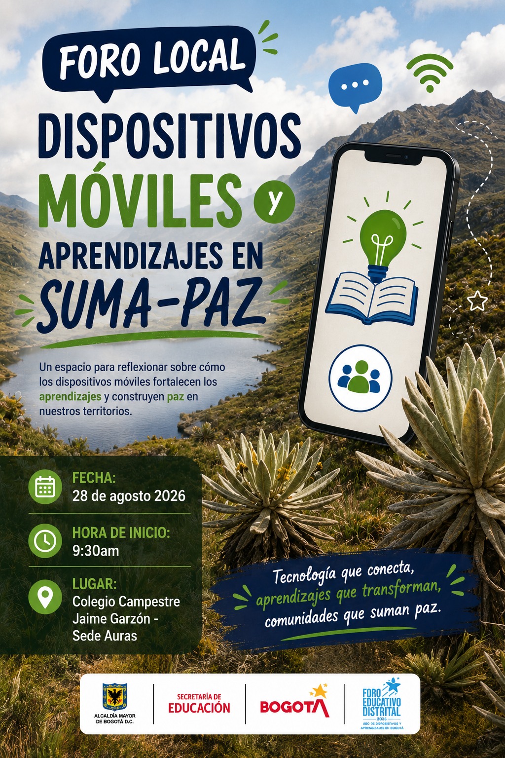 Afiche digital e ilustrado del "Foro Local: Dispositivos Móviles y Aprendizajes en Suma-Paz"