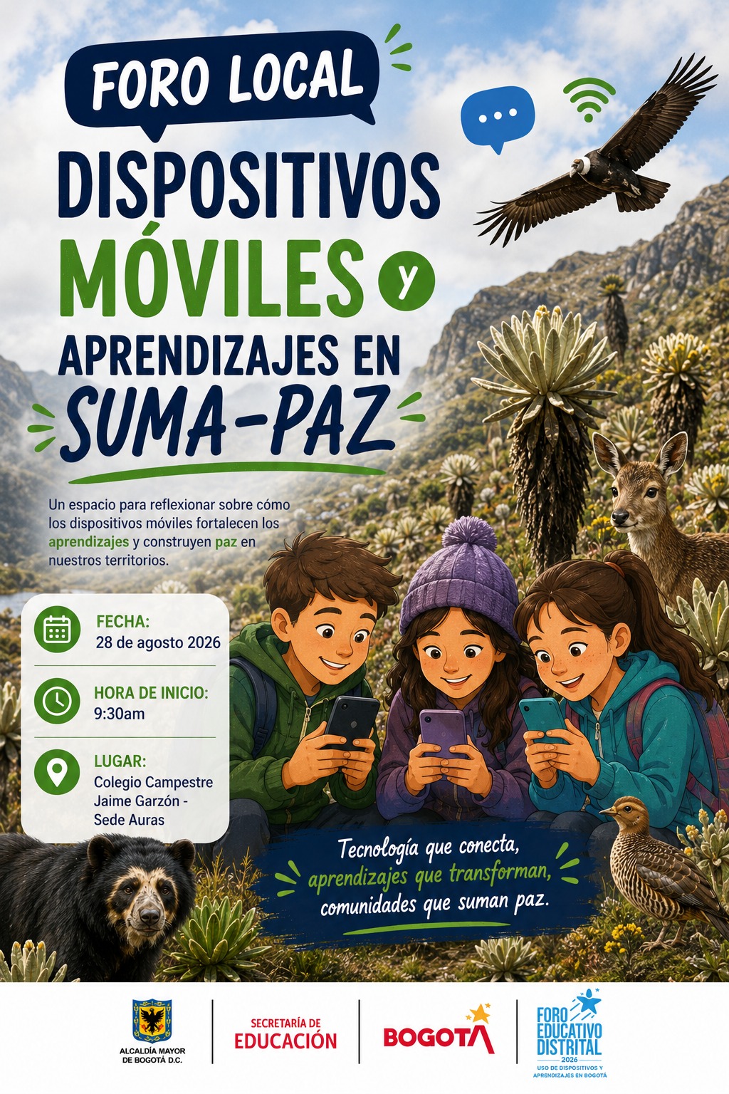 Afiche digital e ilustrado del "Foro Local: Dispositivos Móviles y Aprendizajes en Suma-Paz"