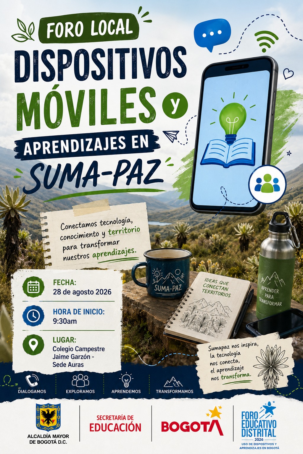 Afiche digital e ilustrado del "Foro Local: Dispositivos Móviles y Aprendizajes en Suma-Paz"
