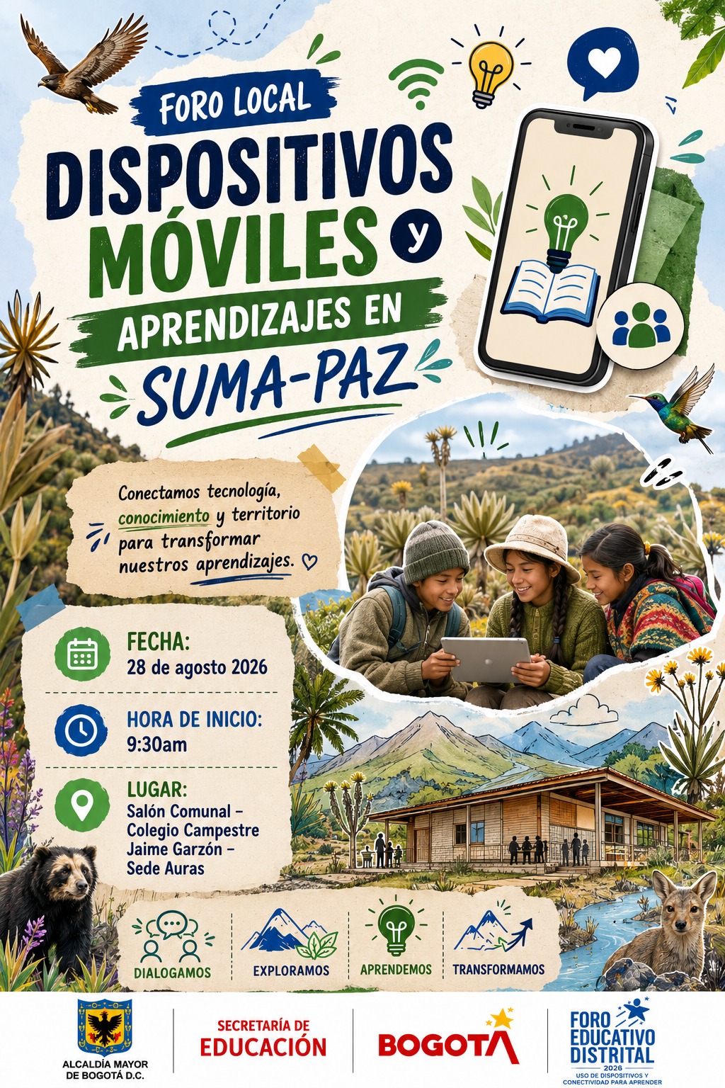 Afiche digital e ilustrado del "Foro Local: Dispositivos Móviles y Aprendizajes en Suma-Paz"