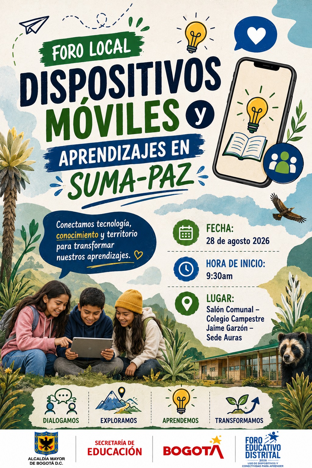 Afiche digital e ilustrado del "Foro Local: Dispositivos Móviles y Aprendizajes en Suma-Paz"