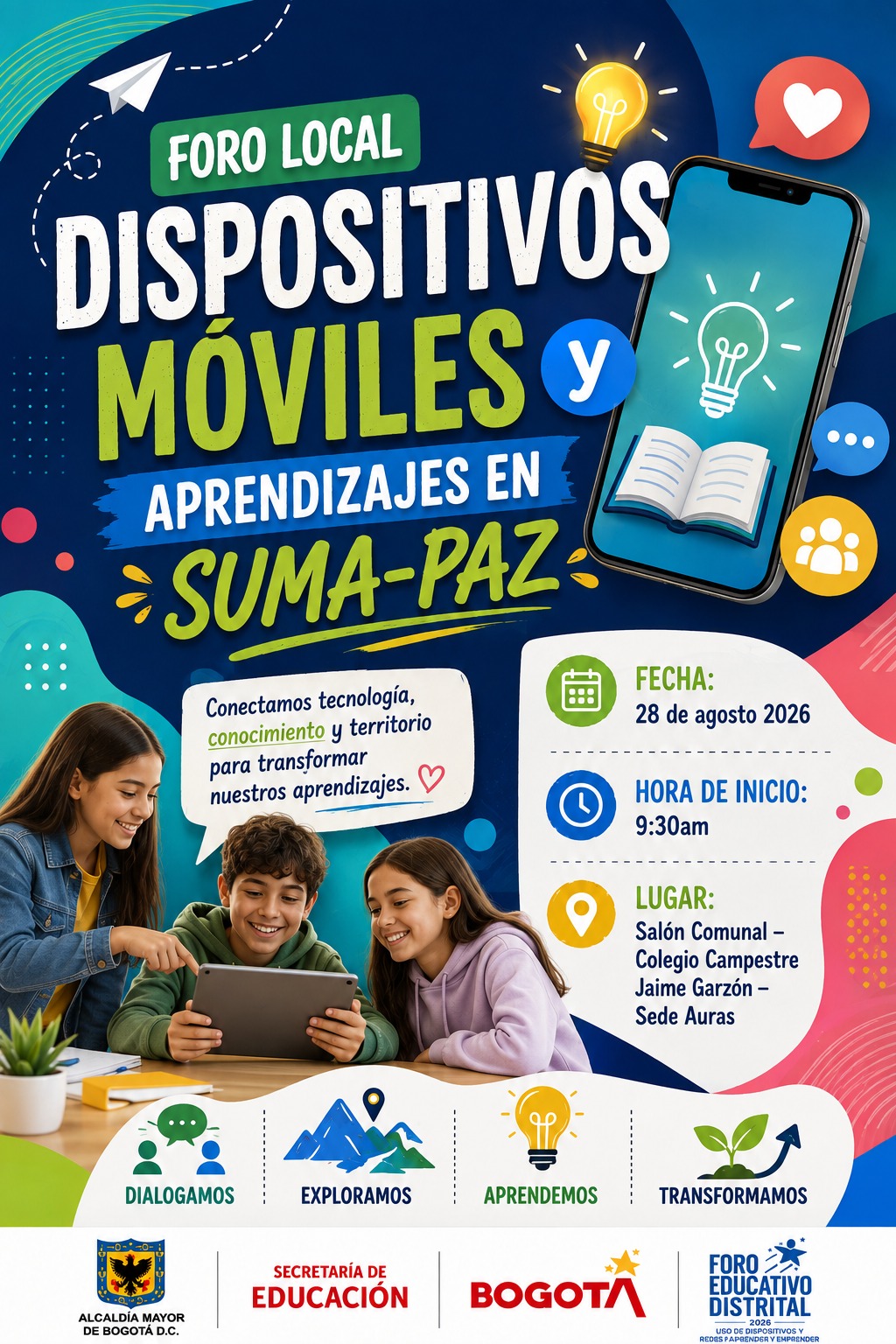 Afiche digital e ilustrado del "Foro Local: Dispositivos Móviles y Aprendizajes en Suma-Paz"