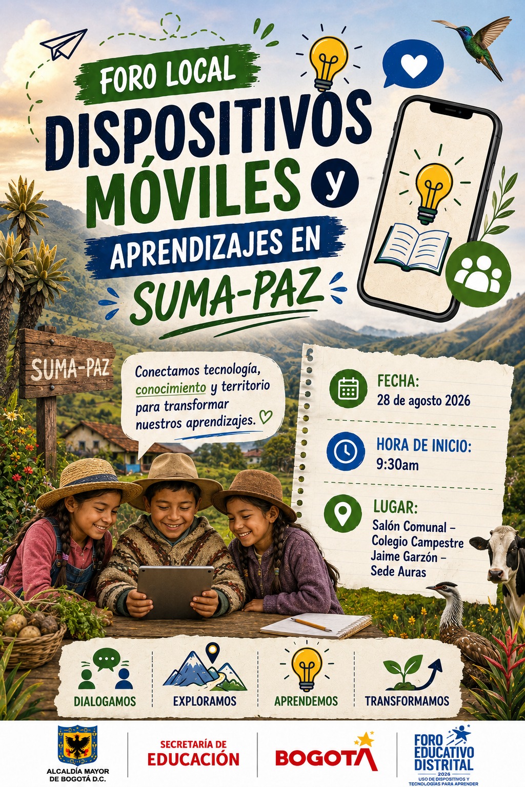 Afiche digital e ilustrado del "Foro Local: Dispositivos Móviles y Aprendizajes en Suma-Paz"