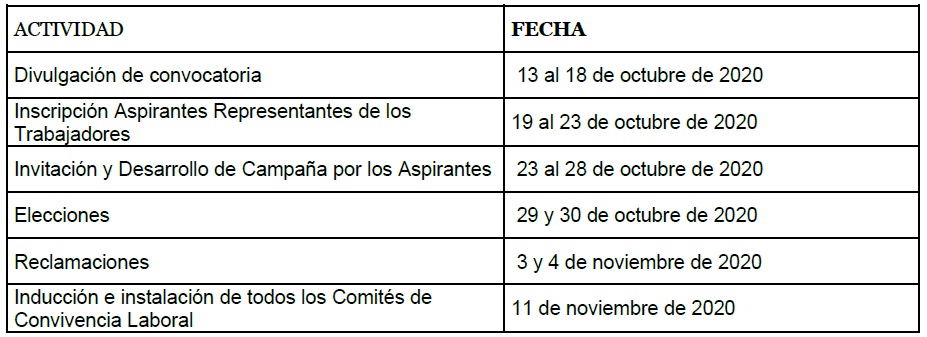 CRONOGRAMA ELECCIONES COMITÉS DE CONVIVENCIA LABORAL LOCAL