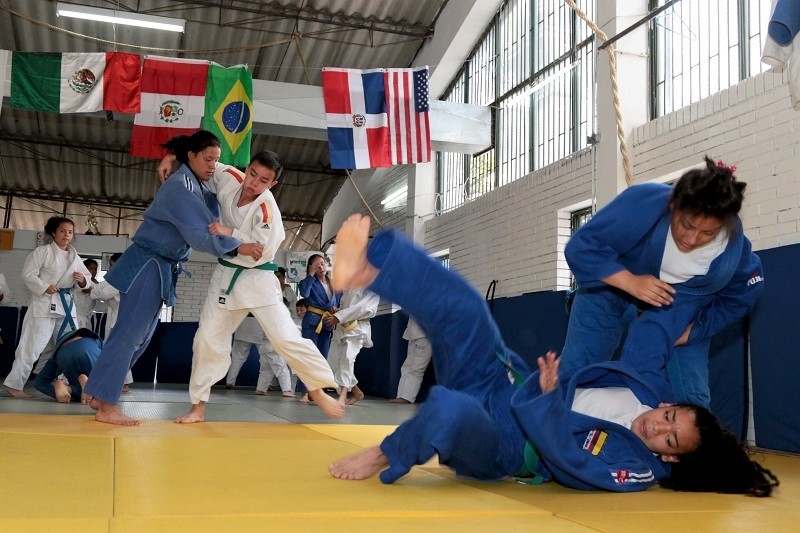 Dos estudiantes practicando yudo